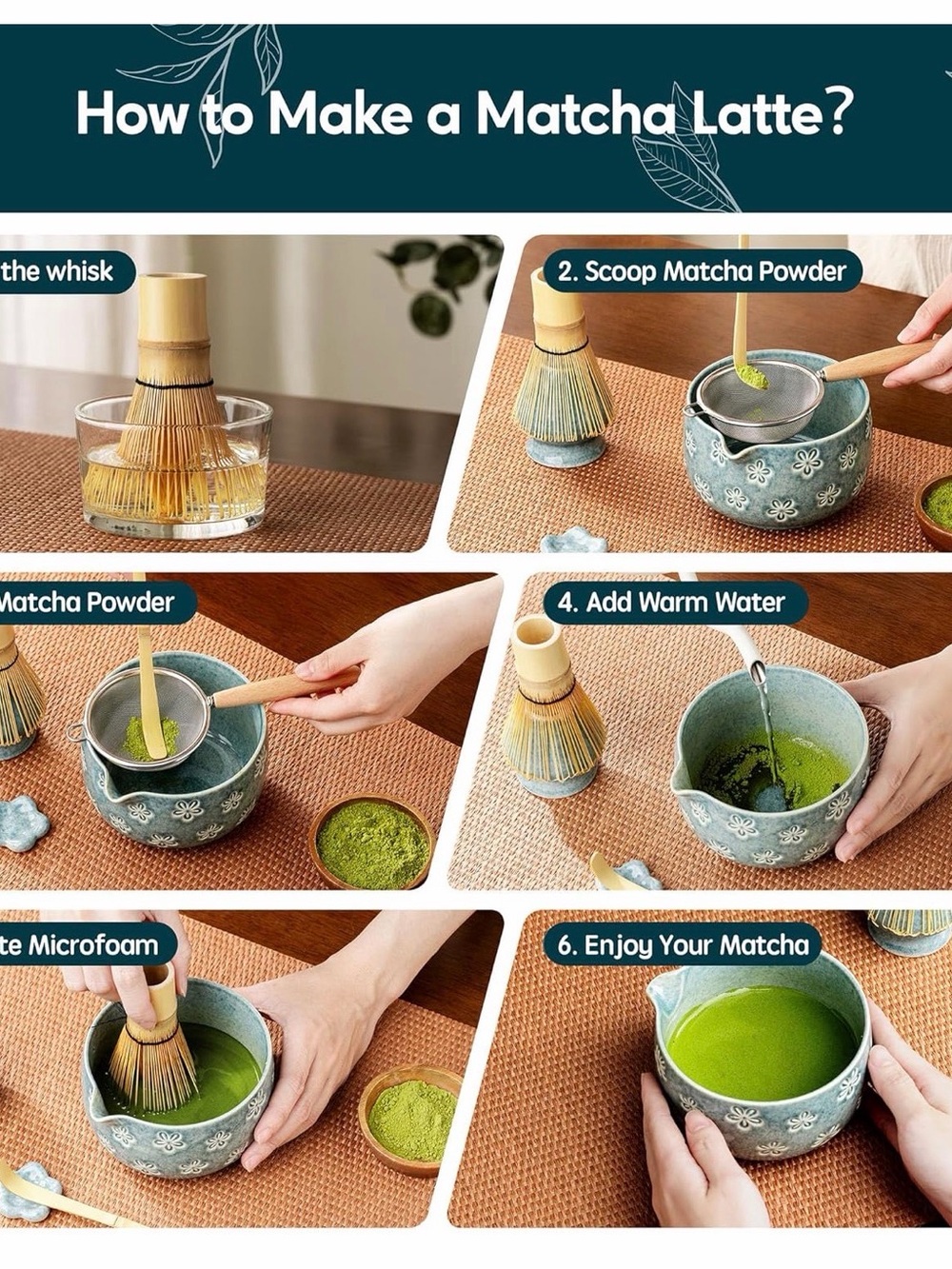 Blue Floral Ceramic Matcha Bowl Set NEW - Picture 6 of 8